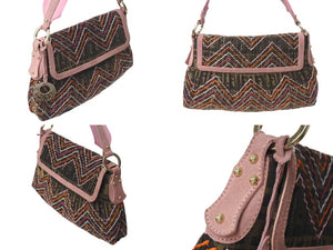 FENDI フェンディ ワンショルダーバッグ ズッカ柄 キャンバス スウェード ピンク ブラウン オレンジ ゴールド 美品 中古 4c073616 