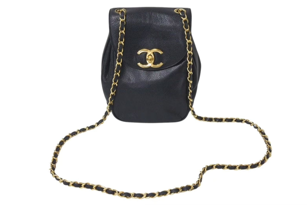 CHANEL シャネル ココマーク ショルダーバッグ 斜め掛けバッグ 3番台 イタリア製 キャビアスキン ブラック ゴールド 美品 中古 4c073630