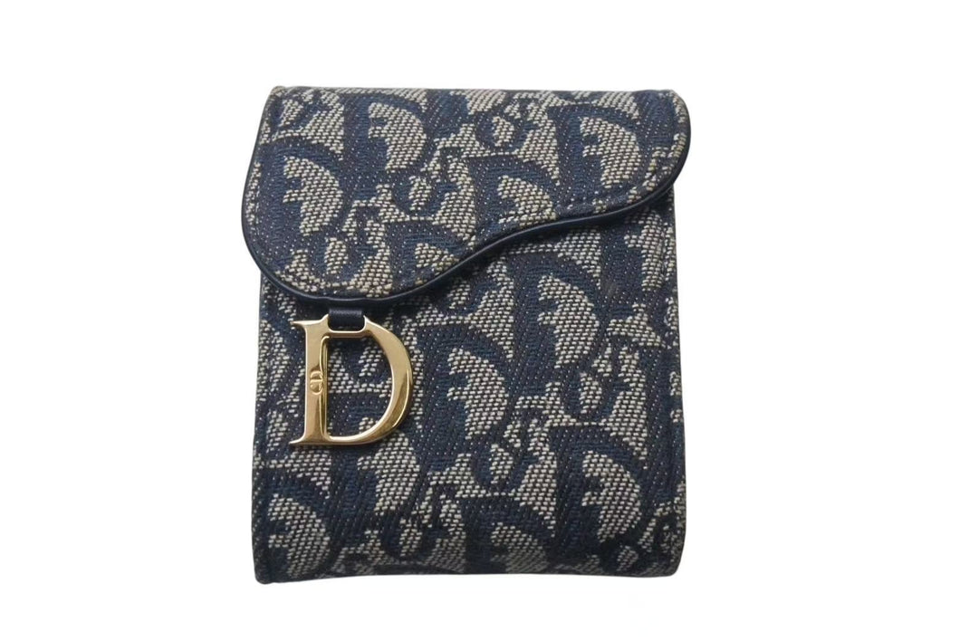 Christian Dior クリスチャンディオール シガレットケース TR1022 トロッター柄 ネイビー キャンバス レザー ゴールド金具 美品 中古 4c073654