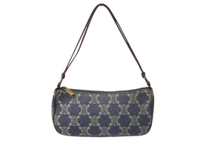 CELINE セリーヌ マカダム アクセサリーポーチ CE00/14 キャンバス レザー ブルー ブラウン ホワイト 美品 中古 4c073657