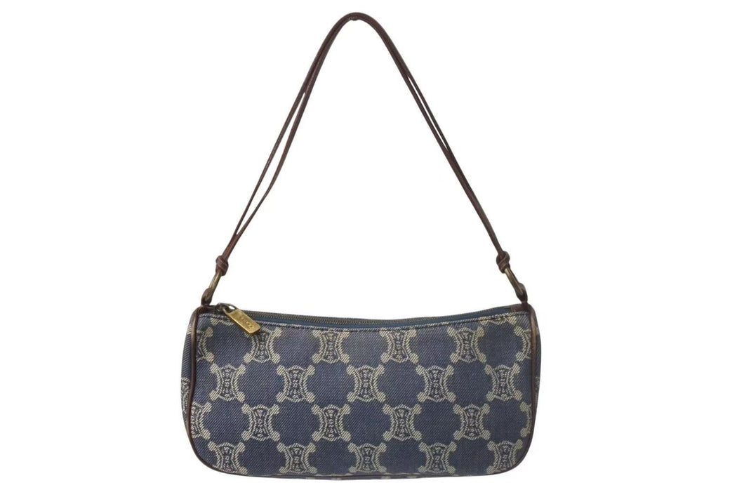 CELINE セリーヌ マカダム アクセサリーポーチ CE00/14 キャンバス レザー ブルー ブラウン ホワイト 美品 中古 4c073657