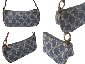 CELINE セリーヌ マカダム アクセサリーポーチ CE00/14 キャンバス レザー ブルー ブラウン ホワイト 美品 中古 4c073657