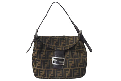 極美品 FENDI フェンディ マンマバケット ワンショルダーバッグ ズッカ柄 コットンキャンバス レザー ブラウン 中古 4c073663 