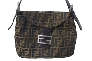 極美品 FENDI フェンディ マンマバケット ワンショルダーバッグ ズッカ柄 コットンキャンバス レザー ブラウン 中古 4c073663 