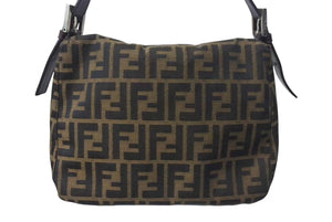 極美品 FENDI フェンディ マンマバケット ワンショルダーバッグ ズッカ柄 コットンキャンバス レザー ブラウン 中古 4c073663 