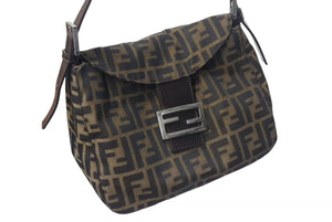 極美品 FENDI フェンディ マンマバケット ワンショルダーバッグ ズッカ柄 コットンキャンバス レザー ブラウン 中古 4c073663 
