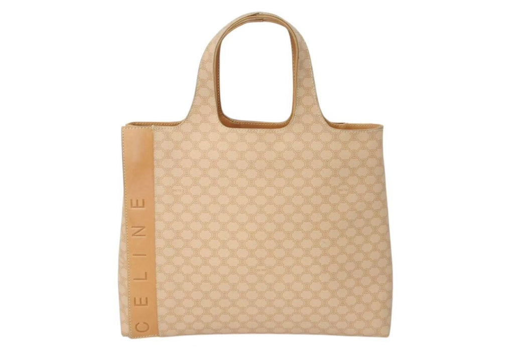 CELINE セリーヌ マカダム ロゴ ヴィンテージ ハンドバッグ ベージュ ロゴ PVC レザー 鞄 ゴールド金具 良品 中古 4c073669
