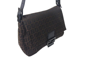 FENDI フェンディ ズッカ柄 マンマバケット ワンショルダーバッグ ブラウンロゴ コットンキャンバス レザー 美品 中古 4c073683 