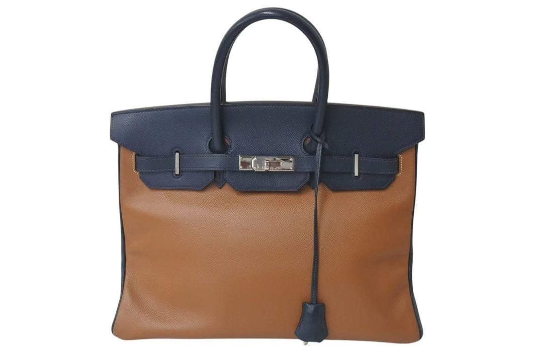 HERMES エルメス バーキン35 ハンドバッグ クシュベル ゴールド ブルーインディゴ シルバー金具 □C刻印 1999年 美品 中古 4c073715