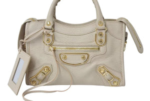 極美品 BALENCIAGA バレンシアガ クラシック ミニ シティ ハンドバッグ ベージュ レザー 390160 ゴールド金具 中古 4c073721