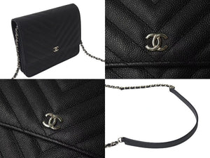 極美品 CHANEL シャネル チェーンウォレット キャビアスキン グレインドカーフスキン Vステッチライン 25番台 ブラック 25115368 中古 4c073723