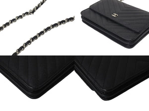 極美品 CHANEL シャネル チェーンウォレット キャビアスキン グレインドカーフスキン Vステッチライン 25番台 ブラック 25115368 中古 4c073723