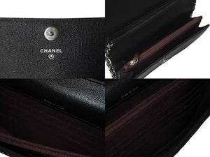 極美品 CHANEL シャネル チェーンウォレット キャビアスキン グレインドカーフスキン Vステッチライン 25番台 ブラック 25115368 中古 4c073723