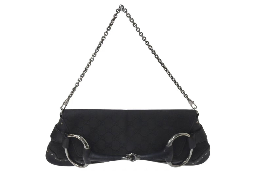 GUCCI グッチ ホースビット GG柄 ワンショルダーバッグ ハンドバッグ 119188 キャンバス レザー ブラック シルバー金具 美品 中古 4c073737 