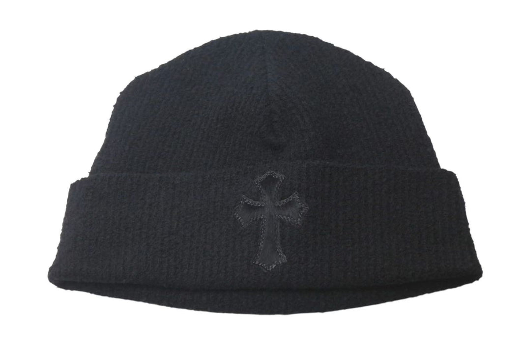 新品未使用 CHROME HEARTS クロムハーツ ハラコ 新作 クロスパッチ ニット帽 ビーニー ブラックシルバー金具 OS 中古 4c073763