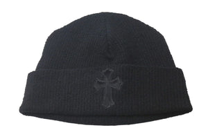 新品未使用 CHROME HEARTS クロムハーツ ハラコ 新作 クロスパッチ ニット帽 ビーニー ブラックシルバー金具 OS 中古 4c073763
