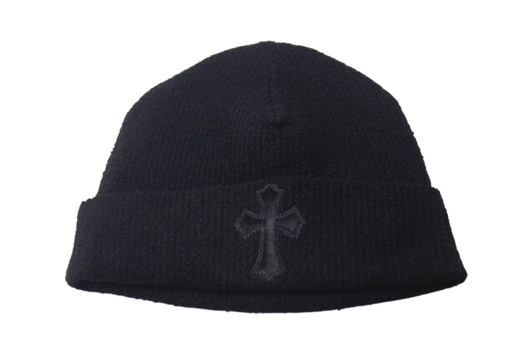 新品未使用 CHROME HEARTS クロムハーツ 新作 クロスパッチ ハラコ ニット帽 ビーニー ブラック シルバー金具 OS 中古 4c073768