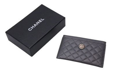 CHANEL シャネル ココマーク 名刺入れ 定期入れ キルティング 12番台 ラムスキン グレー シルバー金具 美品 中古 4c073780