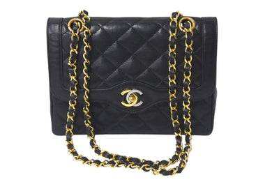 CHANEL シャネル Wフラップ Wチェーンショルダーバッグ 3番台 パリ限定 ラムスキン ココマーク キルティング ブラック 美品 中古 4c073810