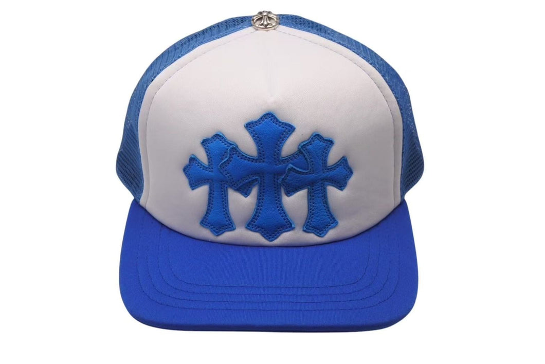 新品未使用 CHROME HEARTS クロムハーツ トラッカーキャップ CHクロスパッチ ONE SIZE メッシュ ブルー シルバー925 中古 4c0073855