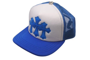 新品未使用 CHROME HEARTS クロムハーツ トラッカーキャップ CHクロスパッチ ONE SIZE メッシュ ブルー シルバー925 中古 4c0073855