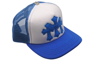 新品未使用 CHROME HEARTS クロムハーツ トラッカーキャップ CHクロスパッチ ONE SIZE メッシュ ブルー シルバー925 中古 4c0073855