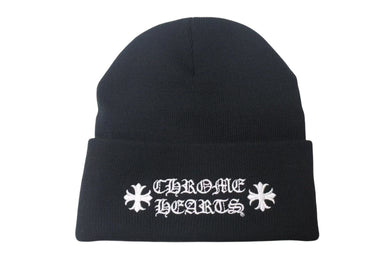 新品未使用 CHROME HERTS クロムハーツ WOOL WATCH CAP ウールワッチキャップ ロゴ刺繍ビーニー ニットキャップ 帽子 ブラック ホワイト 中古 4c073861