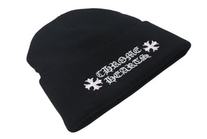 新品未使用 CHROME HERTS クロムハーツ WOOL WATCH CAP ウールワッチキャップ ロゴ刺繍ビーニー ニットキャップ 帽子 ブラック ホワイト 中古 4c073861