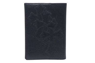 極美品 CHROME HEARTS クロムハーツ セメタリークロスパッチ ブックカバー 3パッチ ブラック レザー エンボスロゴ 中古 4c073888