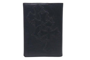 極美品 CHROME HEARTS クロムハーツ セメタリークロスパッチ ブックカバー 3パッチ ブラック レザー エンボスロゴ 中古 4c073888