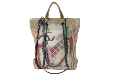 極美品 CHANEL シャネル トートバッグ グラフィティ アクト2 ブリコラージュ 19番台 2014年春夏 コットンキャンバス ブラウン 中古 4c073894