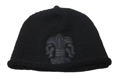 CHROME HEARTS クロムハーツ BSフレア レザーパッチ ニットキャップ ビーニー フレアボール カシミヤ ブラック 美品 中古 4c073946