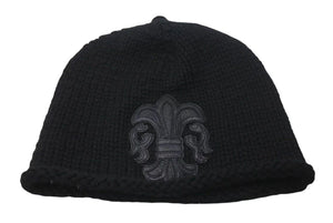 CHROME HEARTS クロムハーツ BSフレア レザーパッチ ニットキャップ ビーニー フレアボール カシミヤ ブラック 美品 中古 4c073946