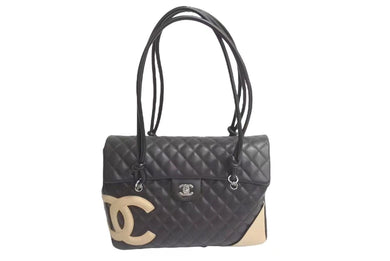 CHANEL シャネル カンボンライン ショルダーバッグ ココマーク 9番台 カーフスキン ブラウン ベージュ シルバー金具 美品 中古 4c073958