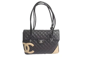 CHANEL シャネル カンボンライン ショルダーバッグ ココマーク 9番台 カーフスキン ブラウン ベージュ シルバー金具 美品 中古 4c073958
