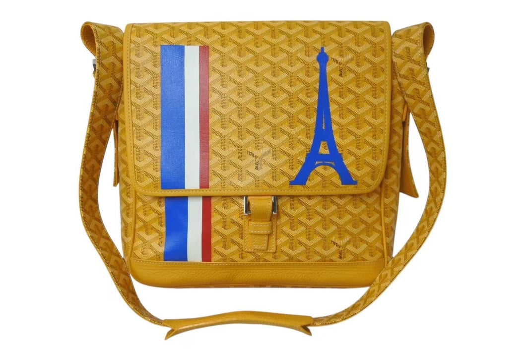 極美品 GOYARD ゴヤール グランブルーMM ショルダーバッグ キャンバス カーフスキン イエロー PARIS 中古 4c073988