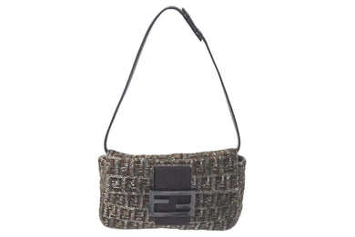 極美品 FENDI フェンディ マンマバケット ショルダーバッグ ズッキーノ ウールビーズサテン ワンブラウンブラック中古 4c074109 