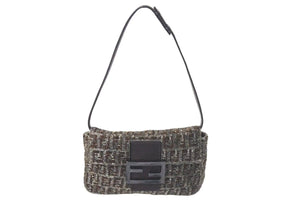 極美品 FENDI フェンディ マンマバケット ショルダーバッグ ズッキーノ ウールビーズサテン ワンブラウンブラック中古 4c074109 