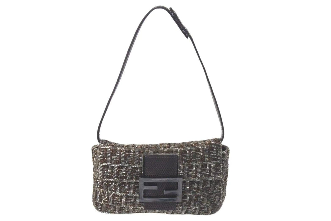 極美品 FENDI フェンディ マンマバケット ショルダーバッグ ズッキーノ ウールビーズサテン ワンブラウンブラック中古 4c074109 