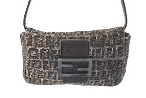 極美品 FENDI フェンディ マンマバケット ショルダーバッグ ズッキーノ ウールビーズサテン ワンブラウンブラック中古 4c074109 
