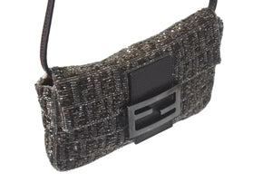 極美品 FENDI フェンディ マンマバケット ショルダーバッグ ズッキーノ ウールビーズサテン ワンブラウンブラック中古 4c074109 