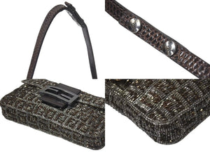 極美品 FENDI フェンディ マンマバケット ショルダーバッグ ズッキーノ ウールビーズサテン ワンブラウンブラック中古 4c074109 
