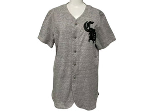 CHROME HEARTS クロムハーツ ベースボールシャツ サイズS クロスボールボタン レザーロゴパッチ グレー シルバー925 美品 中古 4c074111