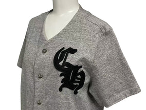 CHROME HEARTS クロムハーツ ベースボールシャツ サイズS クロスボールボタン レザーロゴパッチ グレー シルバー925 美品 中古 4c074111