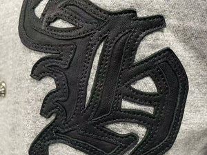 CHROME HEARTS クロムハーツ ベースボールシャツ サイズS クロスボールボタン レザーロゴパッチ グレー シルバー925 美品 中古 4c074111