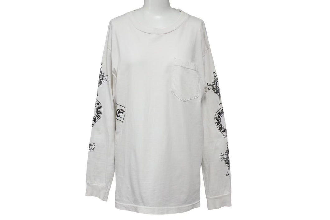 CHROME HEARTS クロムハーツ フロントポケット プリント ロンT 長袖 コットン ホワイト サイズM 美品 中古 4c074145
