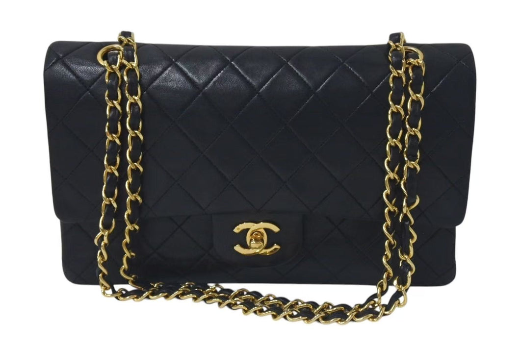 CHANEL シャネル マトラッセ25 Wフラップ Wチェーンショルダーバッグ 1番台 ラムスキン ココマーク ブラック ゴールド金具 美品 中古 4c074153