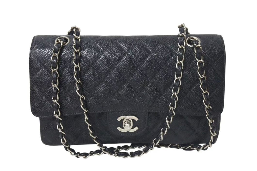 極美品 CHANEL シャネル マトラッセ25 チェーンショルダーバッグ ココマーク 5番台 キャビアスキン ブラック シルバー金具 中古 4c074154