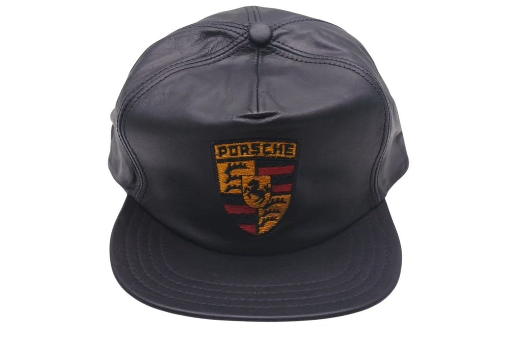 新品未使用 Porsche ポルシェ deadstock デッドストック キャップ 帽子 レザー ブラック イエロー レッド ゴールド金具 中古 4c074238