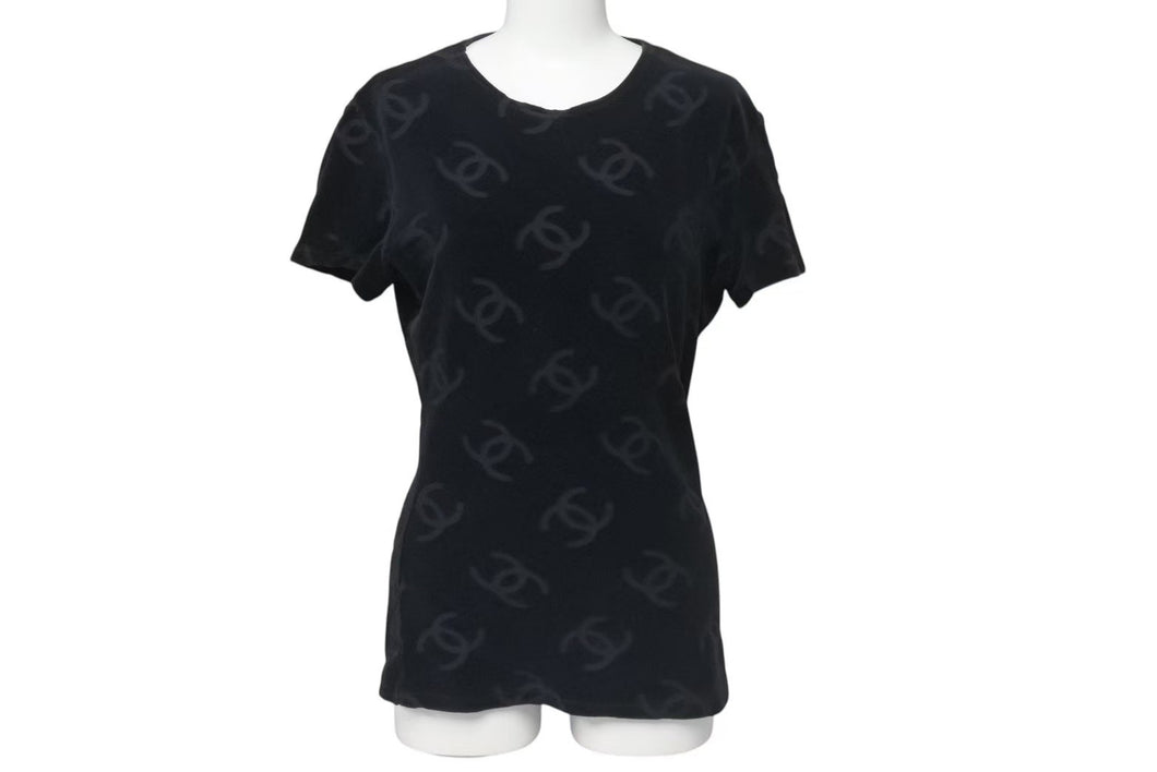 極美品 CHANEL シャネル ココマーク ベロア トップス Tシャツ P06933V04730 サイズ40 ヴィンテージ ブラック 総柄 中古 4c074265
